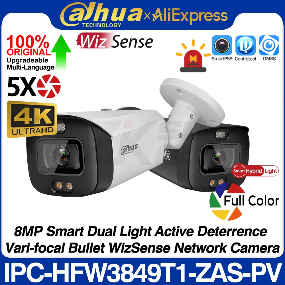 

Dahua Original IPC-HFW3849T1-ZAS-PV 8MP 4K Smart Dual Light Audio Active Deterrence 5X Zoom WizSense Network POE IP Camera CCTV