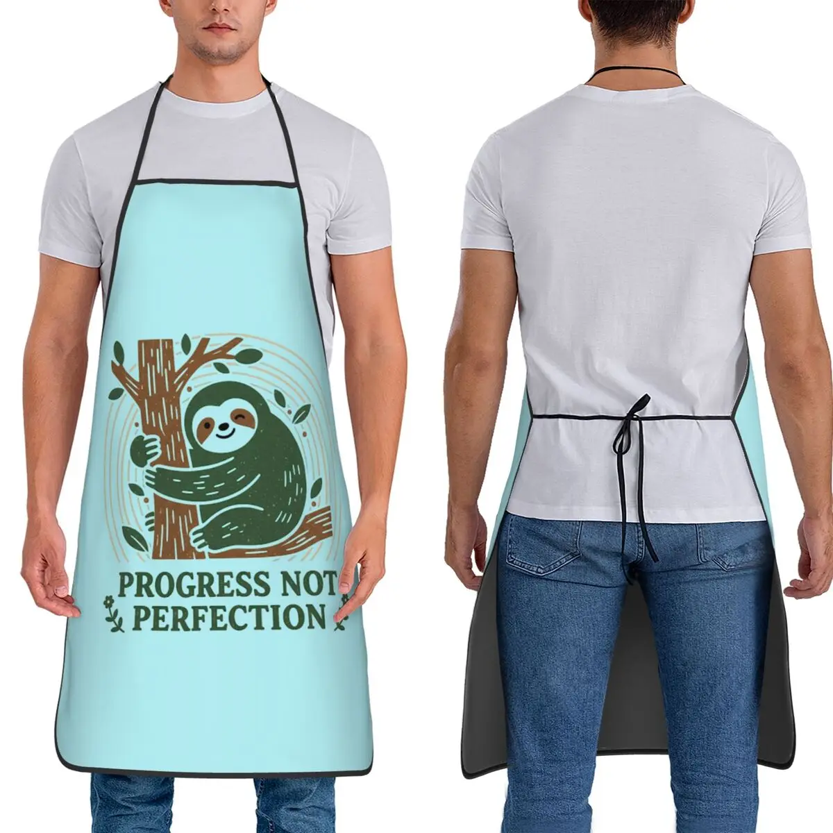 

Зеленый ленивец, обнимающий прогресс, не совершенство, фартук для шеф-повара, кулинарии, кухни, столбик, нагрудник для чистки кухни, фарфор для женщин и мужчин, живопись