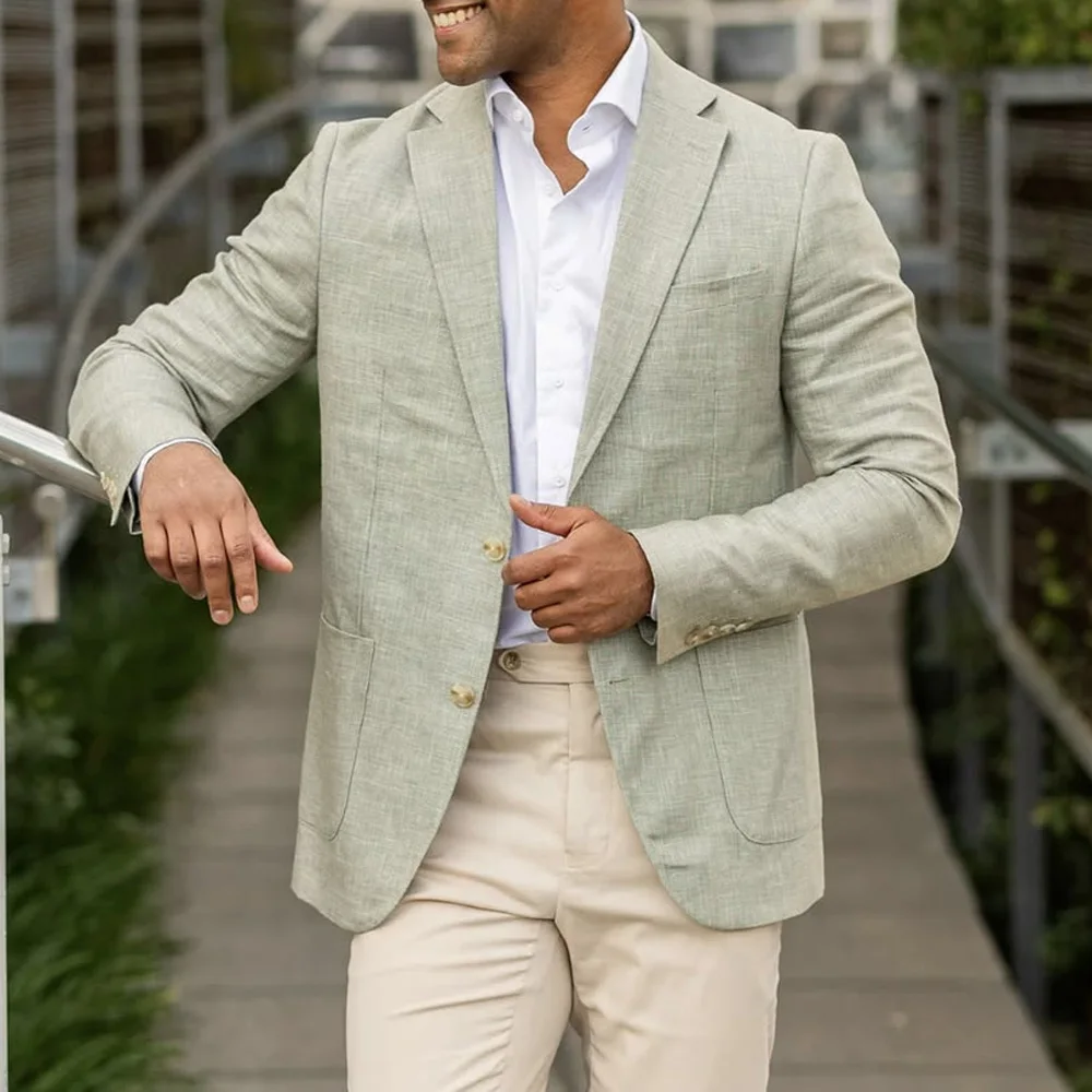 

Casual Suit Jackets for Man Single-Breasted Business Notch Lapel Men's Social Coat Lightweight Solid Color Linen Fabric Fashion