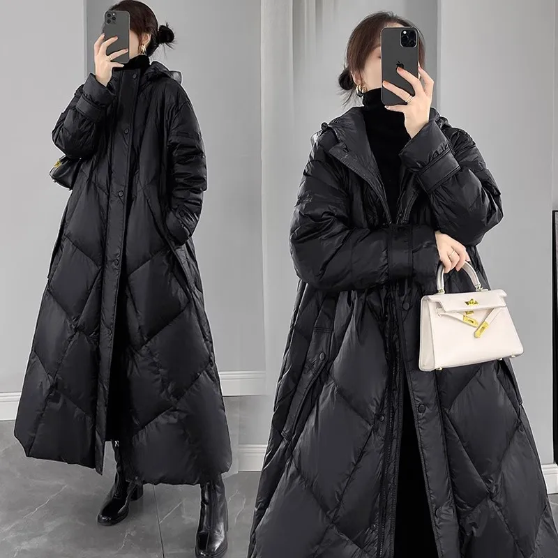 2023 New Women\'s Winter Super Long Down Jacket Women Black Hooded Over Knee 90%White Duck Down Coat Female Loose Thicken Parkas