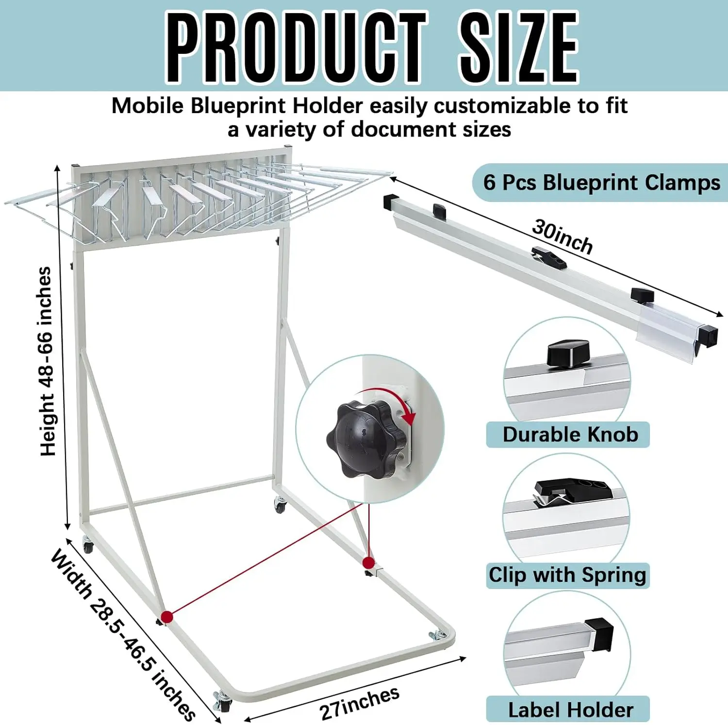 Mobile Blueprint Holder Rack, Adjustable Mobile Blueprint Holder with 6 30 In Hanging Clamps 4 Wheels Poster Display Rack Storage Organizer Stand for File Display Plan Office Home(Silver)