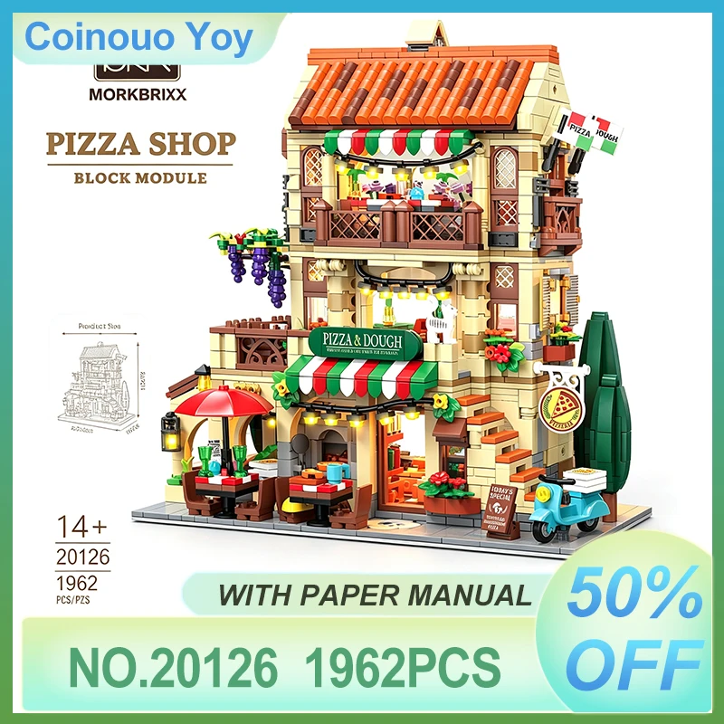 High-quality Xmork 20126 Pizza Shop Building Block Bricks Street Scene Model Lighting Decoration Set Assembly Toy Christmas Gift