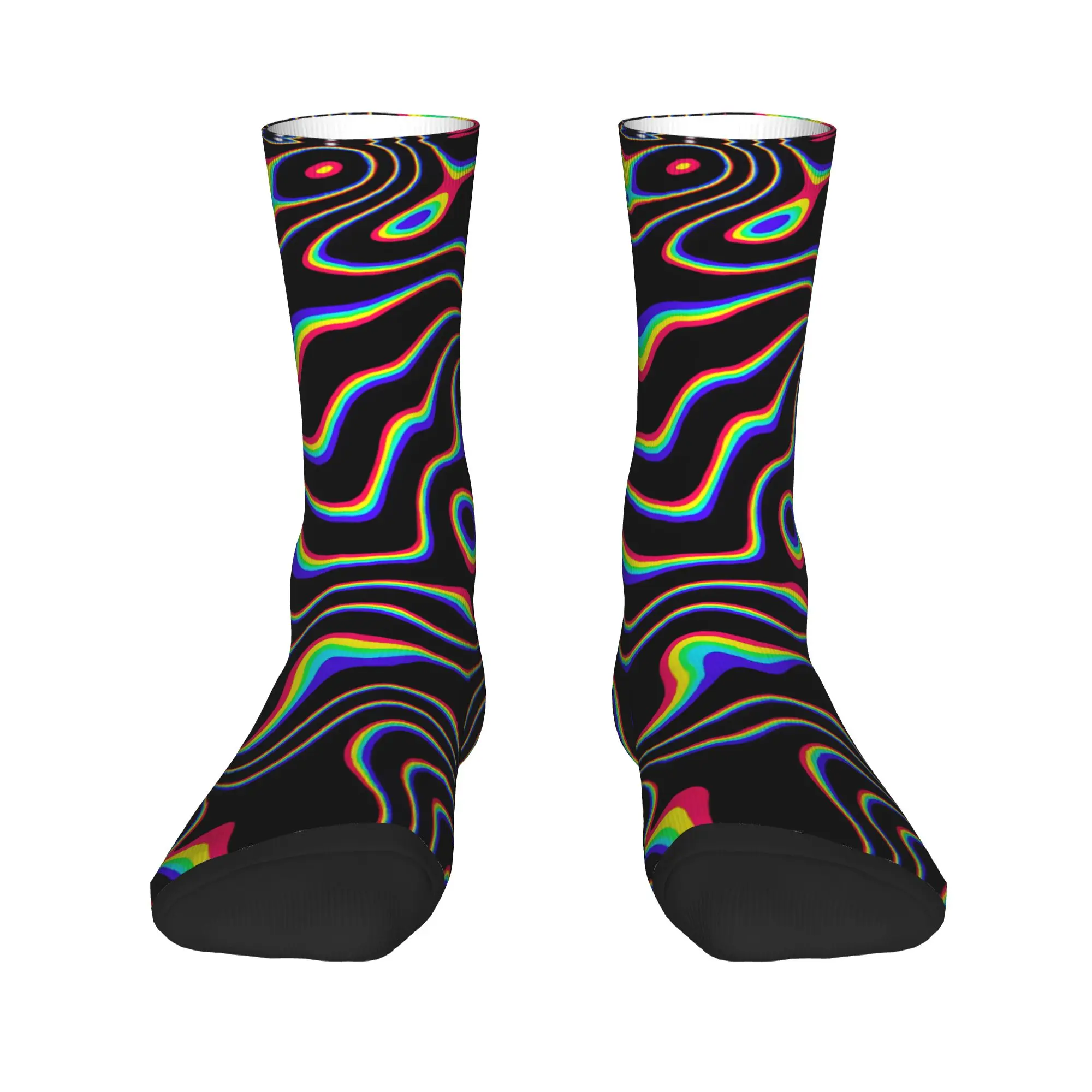 Neon Rainbow Wavy Contour Lines Black Background Abstract Pattern Socks Autumn  Stockings Gothic Men Warm Soft Socks