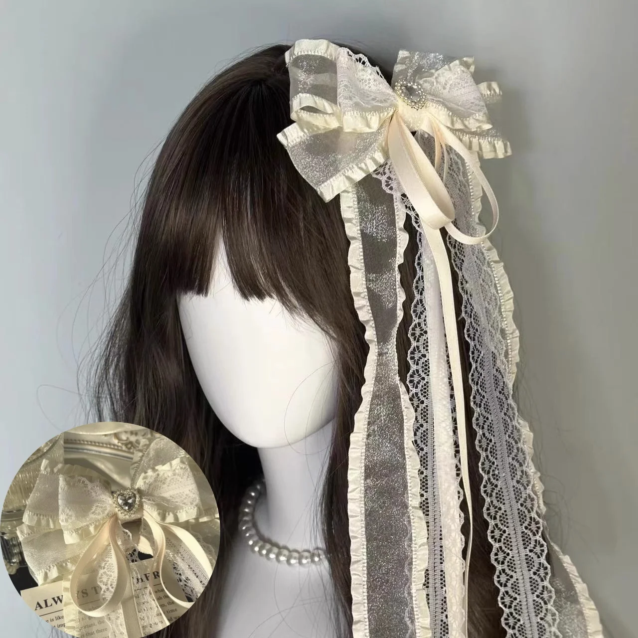 

Handmade Gothic Harajuku Bow Tie Lace Hair Clip Lolita Satin Ballet Accessory Part Elegant Pale Sweet Yellow Edge Clip