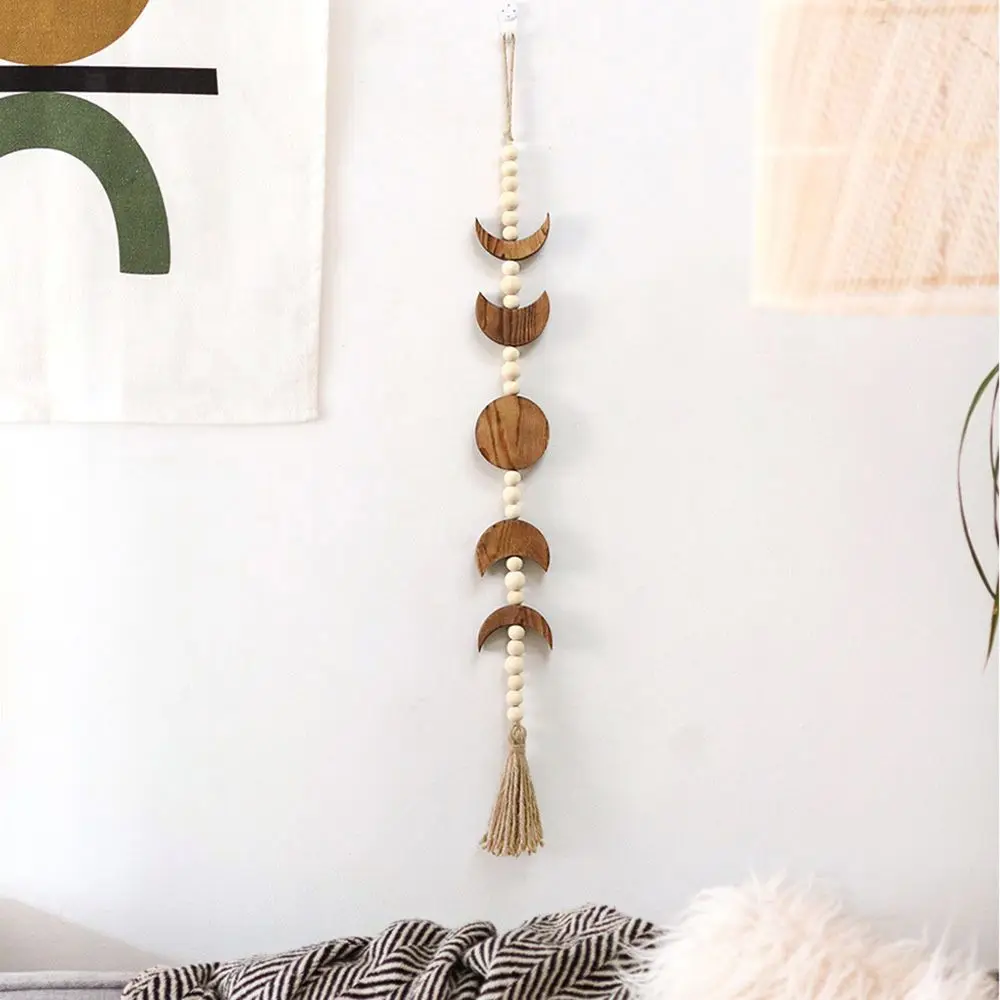Wooden Star Moon Phase Wall Hanging Bohemian Home Decoration Wood Bead Moon Phase Wall Fringe Hanging Home Wall Decoration