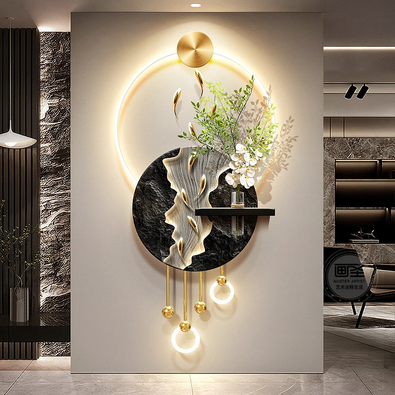 

Light luxury nine fish painting, entrance decoration painting, hydroponic green plants, corridor, three-dimensional mural lamp