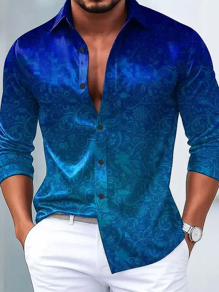 

Color Block Printed Men's Lapel Shirt Fashion Urban Style Long Sleeve Polyester Fiber Casual Shirt Youth Men's Fashion