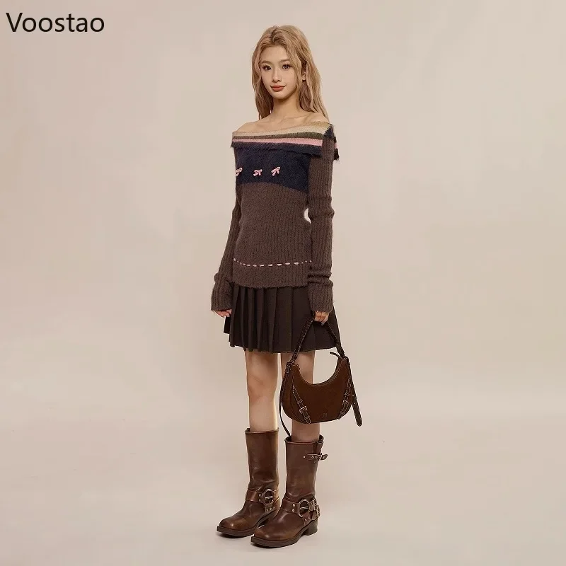 Autumn Winter Y2k Aesthetic Knitted Pullovers Women Elegant Striped Slash Neck Bow Sweaters Fashion Female Vintage Knitwear Tops