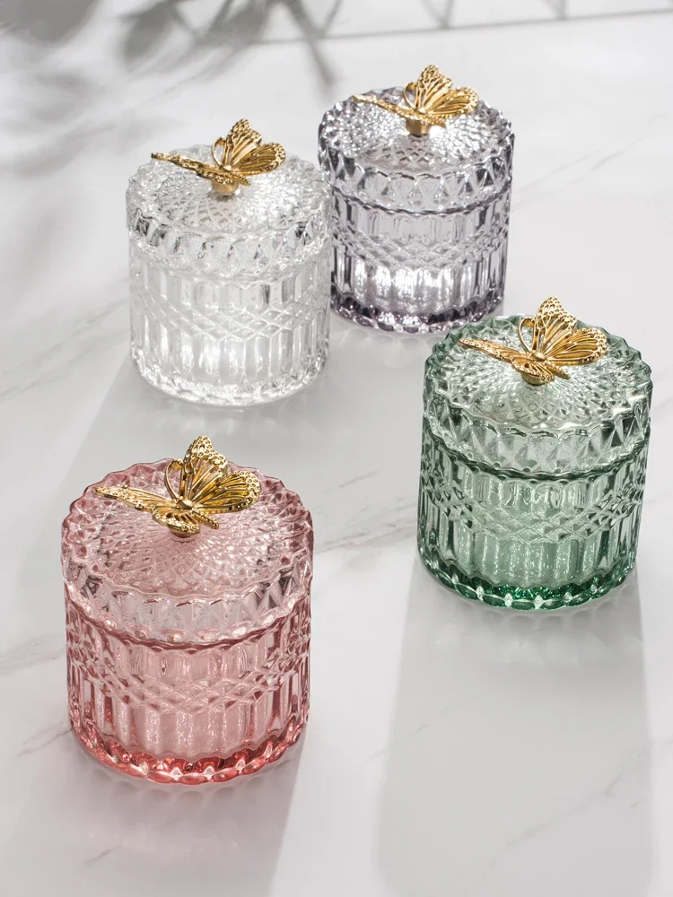

European Glass Jewelry Box Household Cotton Swab Candle Desktop Luxury Candy Tea Jar Home Decoration