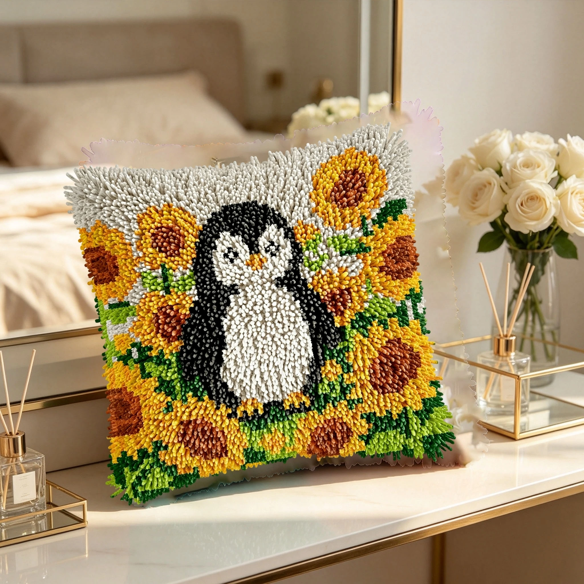 1Set Sunflower Penguin Knot Pillow Latch Hook Kit Cushion Pillowcase Set For Needlework Latch Hook Kits DIY Beginner-friendly Em