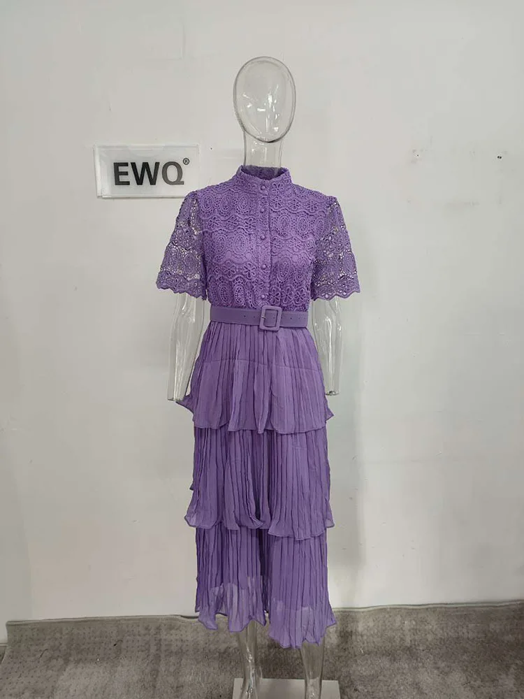 Imagem -03 - Ewq-vestido Plissado de Retalhos de Renda para Mulheres Cintura Alta Manga Curta Monocromático Stand Linha a Elegante Chique Outono Novo 2023