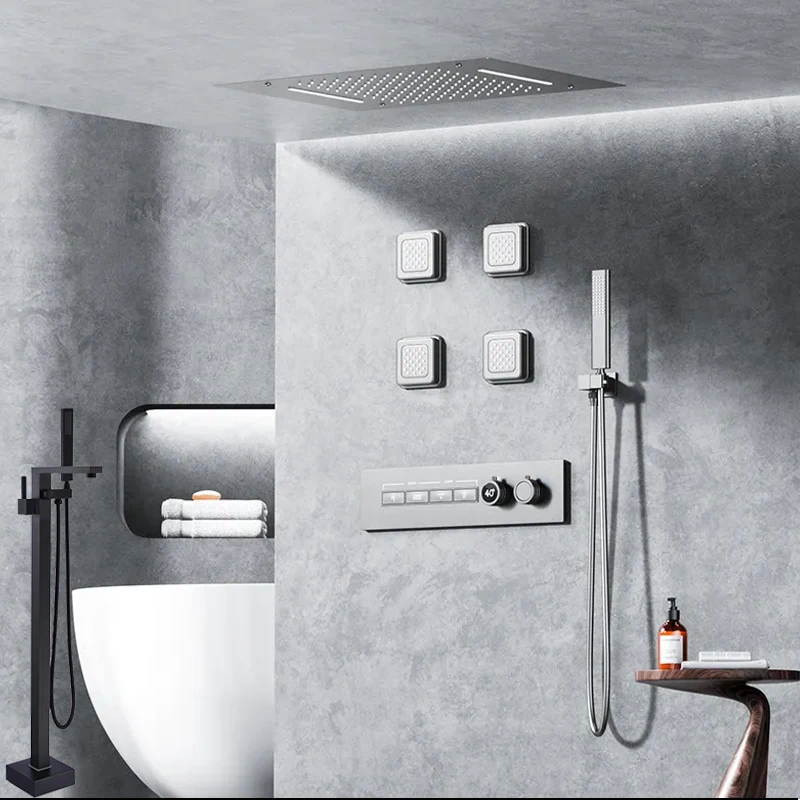 Ceiling bathroom square LED thermstatic sets shower with thermostatic large waterfall  set