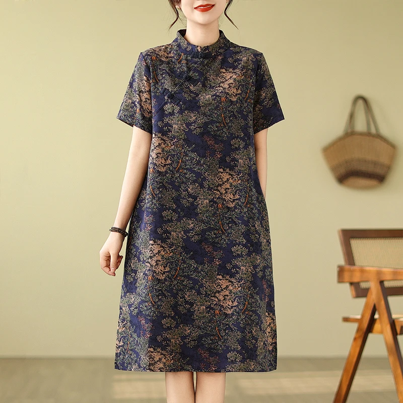 الرجعية الفنية الصينية Sle فضفاض ميدي تشيباو الدكتور المرأة الوقوف طوق مطبوعة الدكتور القطن مزيج منخفضة الشق ort Sve