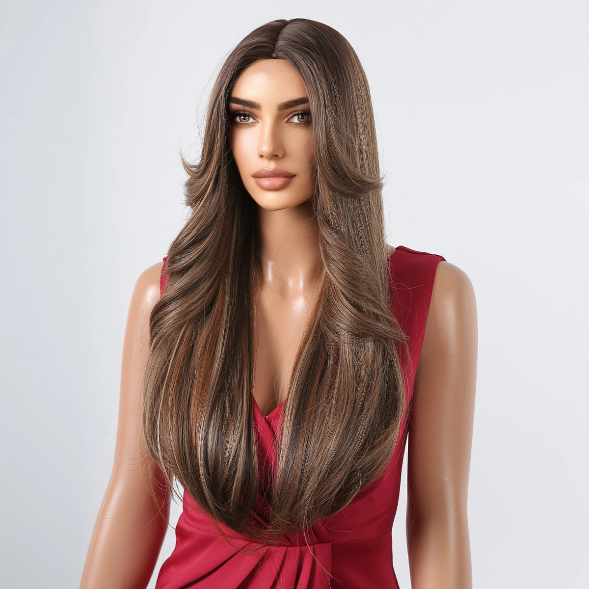 Brown Natural Long Straight Synthetic Hair Wig Middle Part Brown Mixed Color Wigs for Women Daily Party Use Heat Resistant Fiber