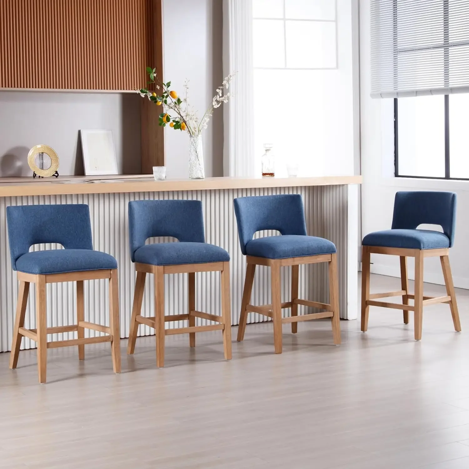 

Farmhouse Bar Stools Set of 4, 26" Counter Height Barstools, Linen Upholstered Barstools with Open Back, Blue