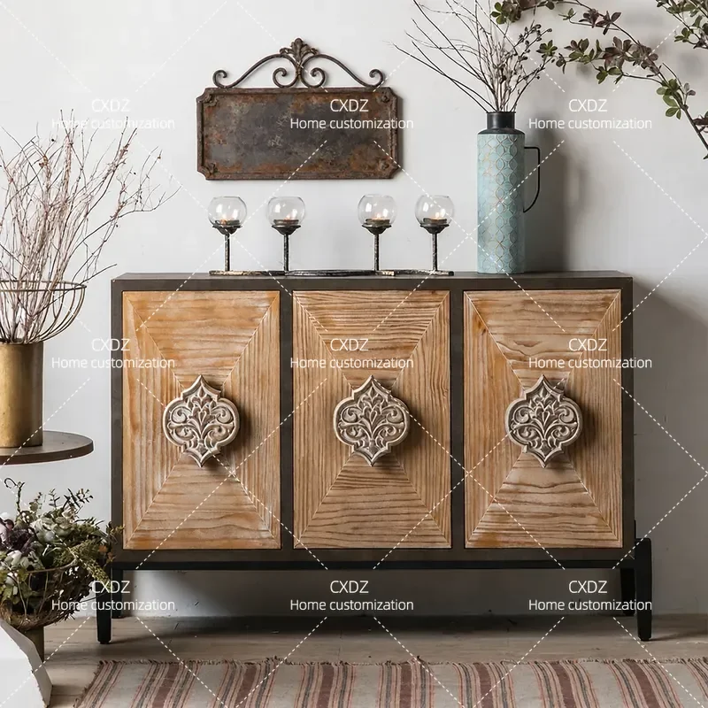 Retro Solid Wood Dining Side Cabinet Vintage Porch Storage Unit Living Room Decorative Furniture Homestay Style Organizer