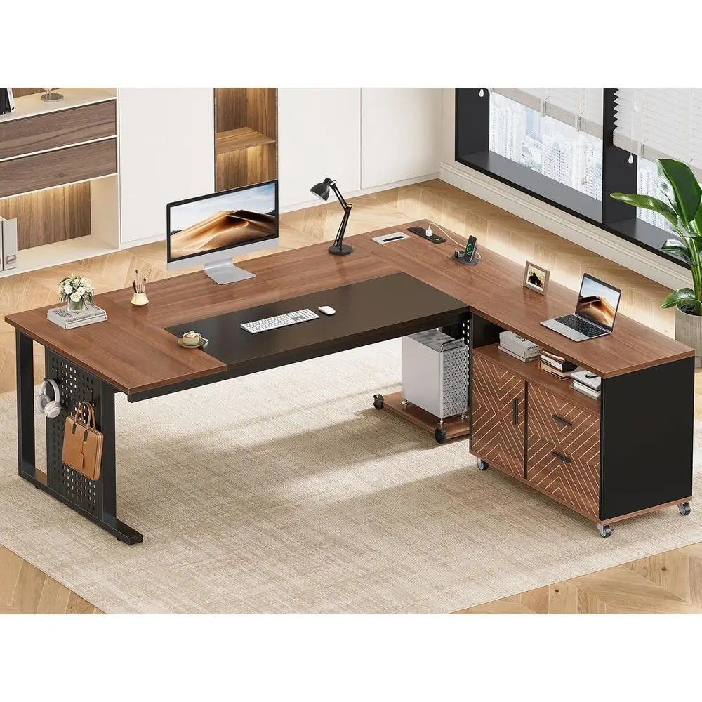 71 Executive Desk with Rolling File Cabinet, Large Office Desk with Drawers, L Shaped Computer Desk with Power Outlets, Stand, P