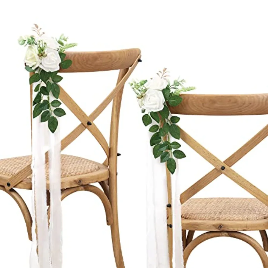

Wedding Aisle Decorations Set of 10 Pew Flowers for Church Chair Decorations with Artificial Eucalyptus and Ribbons in White