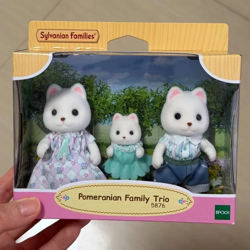 In Stock Original Sylvanian Families #5876 Anime Figure Calico Critters Set Pomeranian Family Trio Cute Flocking Doll Model Gift