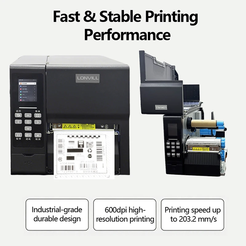 LONVILL Thermal Transfer Printer High-Resolution 600dpi Thermal Industrial Barcode Printer for RFID Label Encoding and Logistics
