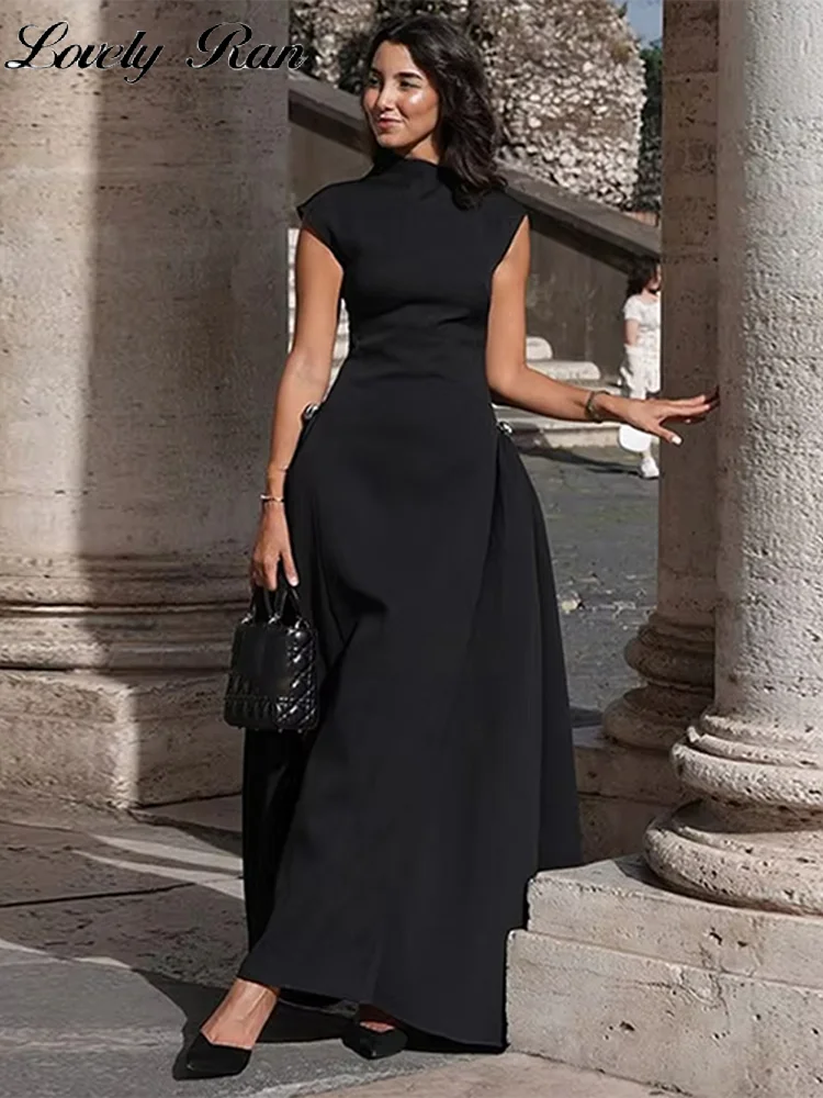 

Women Fashion High Collor Sleeveless Pleat Irregular Dresses 2026 Spring Summer Party Lady Evening Robe Elegant Black Long Dress