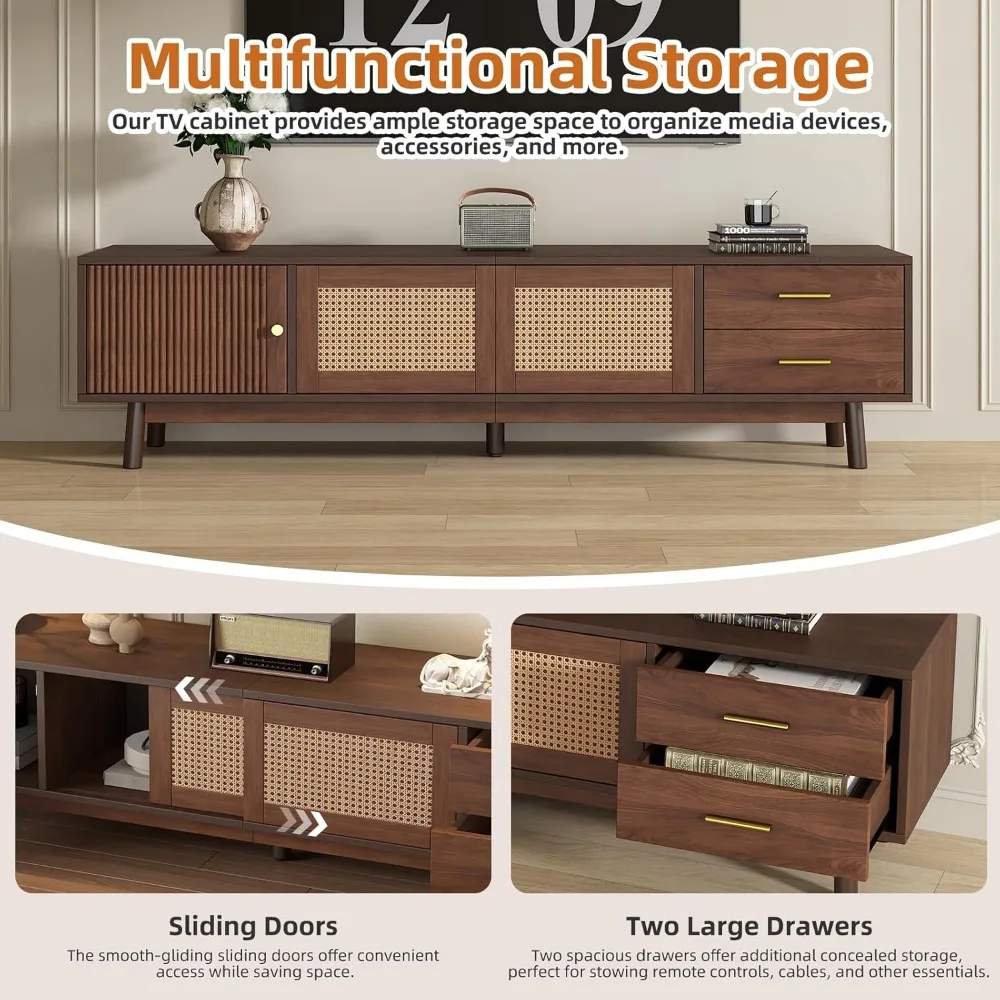 حامل تلفزيون بني مع مساحة تخزين، حامل تلفزيون بني من خشب الجوز لأجهزة التلفاز حتى 63 بوصة حتى 80 بوصة، حامل تلفزيون حديث في منتصف القرن مع طاقة