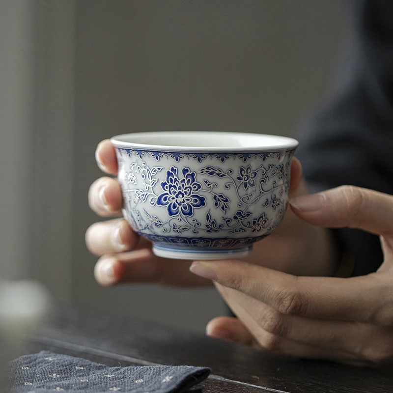Chinese Blue & White Porcelain Teacup 120ml Hand Painted Silver-Trimming Interlock Branch Lotus Gongfu Tea Gift Home Decor