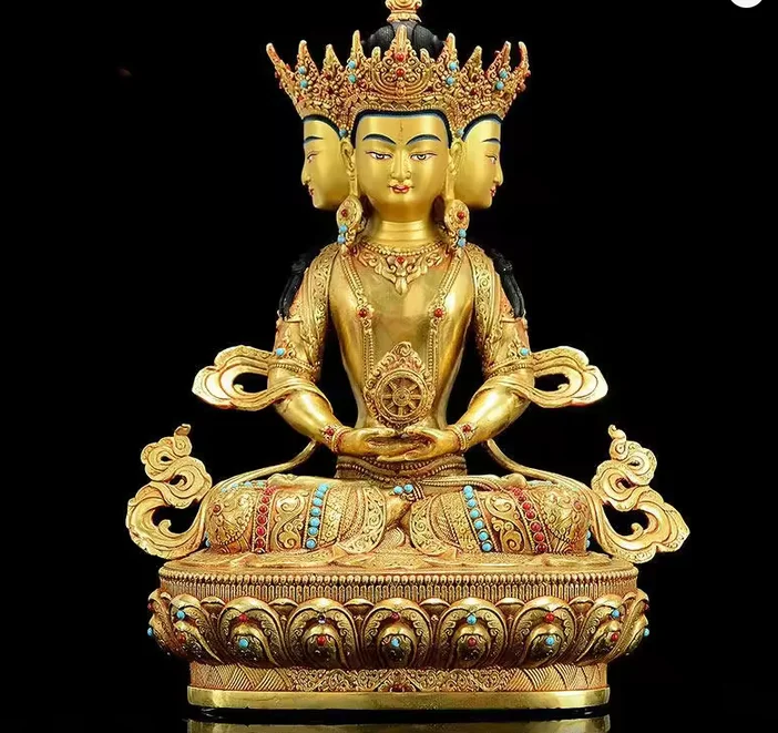 Gilded Brass Mahavairocana Buddha Statue Inlaid Tibetan Buddhist Vairocana Buddha Sculpture Altar Decor,24cm,32cm
