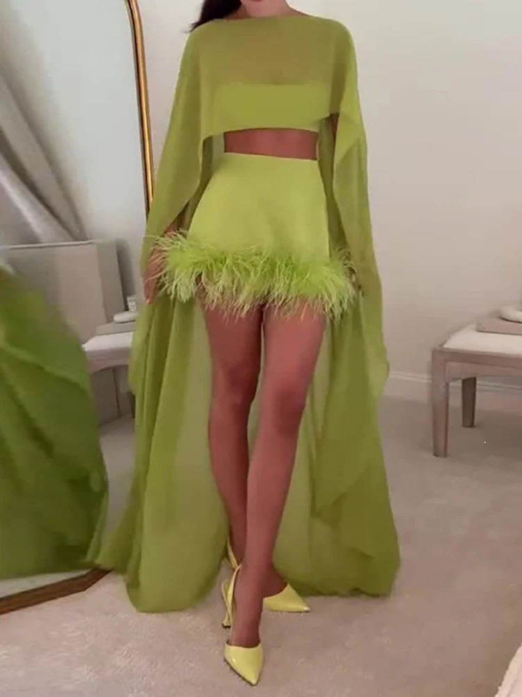 Women Sexy Strapless Short Top With Shawl And Feather Patchwork Mini Skirt Three-Piece Set Elegant Solid 3PCS Party Outfit 2026
