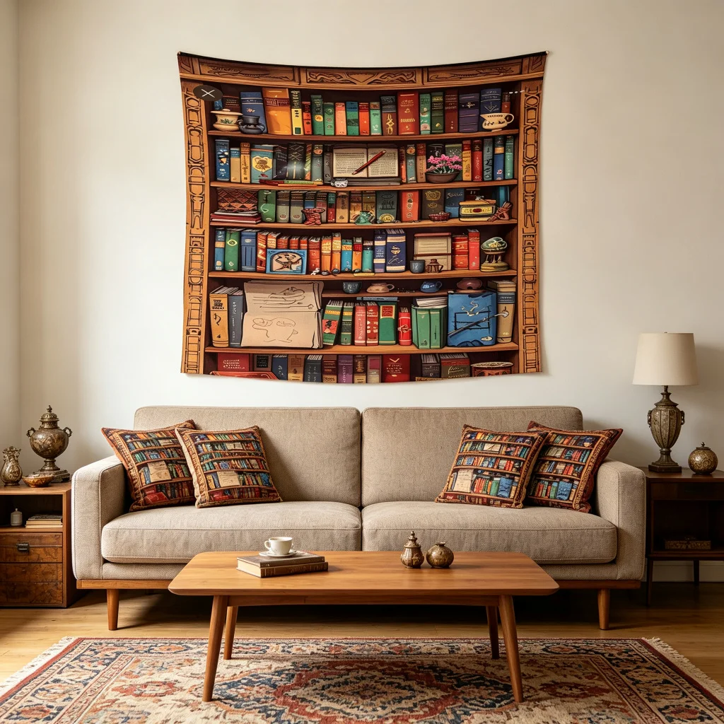 1PC Vintage Bookshelf Art Print Backdrop Banner, Bedroom Living Room Photo Background, Polyester, Home Decor, Wall Art
