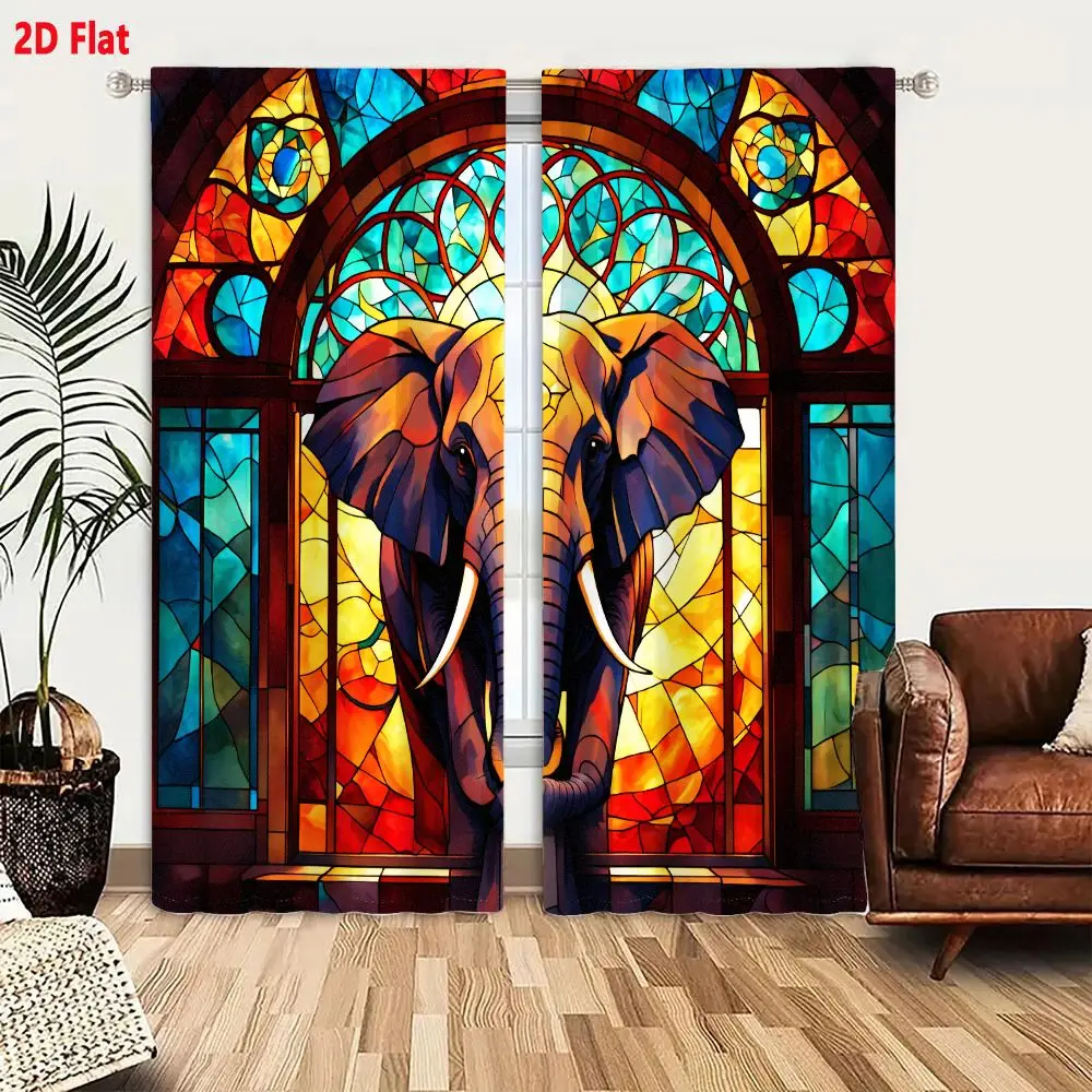 2Pcs Curtains 2D Flat Stained - Glass Style Elephant Illustration: Majestic Central Figure With Curled Trunk, White Tusks, And W