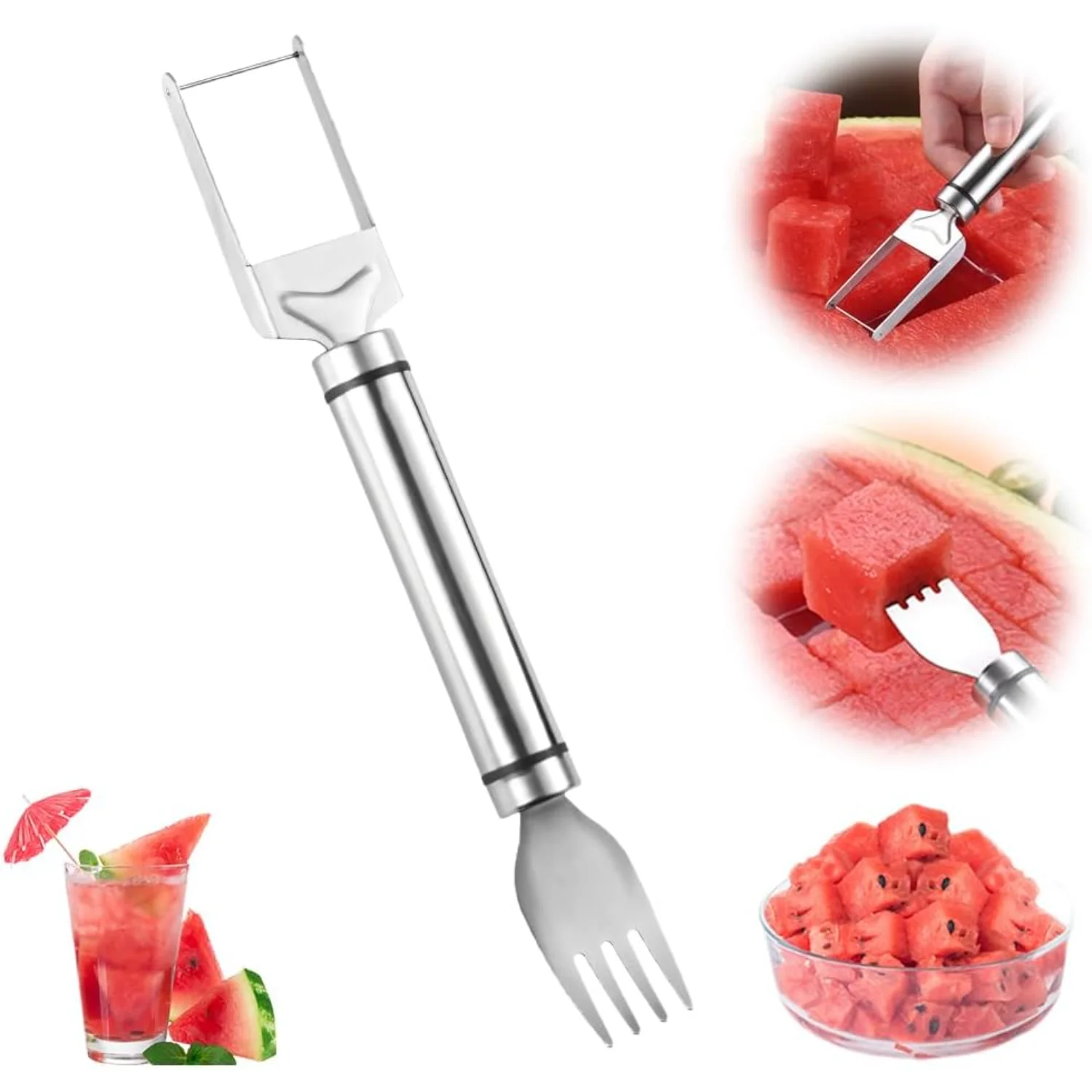 2-in-1 Stainless Steel Fruit , 2024 Upgraded Kitchen Gadget Watermelon Fork Slicer  Slicer Tool, Dual Head Fruit Forks Slicer  W