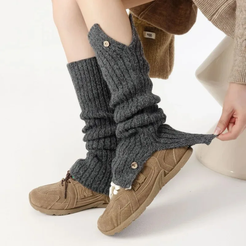 ​45cm Winter Wool Leg Warmers Women with Buttons Thick Fleece Lined Boot Cuffs Knit Yoga Socks Solid Color Stacked Boot Socks​