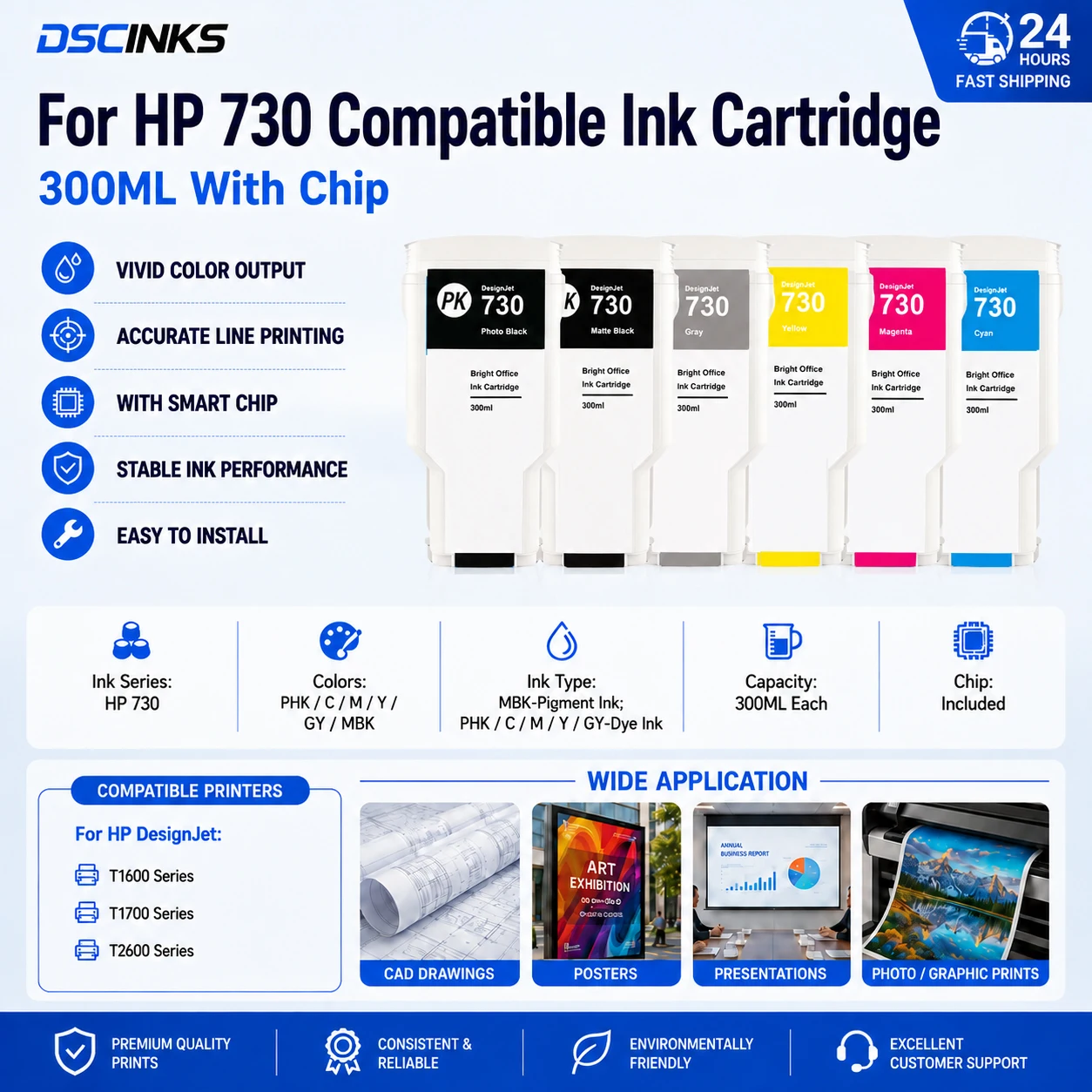 For HP 730 Compatible Ink Cartridges With 300ML Full Ink Chip For HP DesignJet T1600 T1700 T2600 6Colors P2V68A P2V69A P2V70A