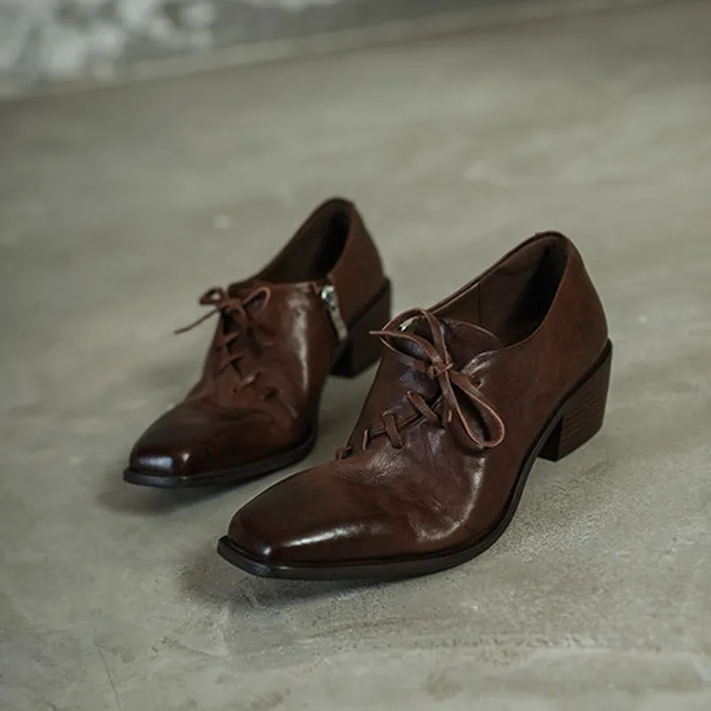 Women Square Toe Oxford Shoes 4.5cm Block Heel Lace Up Side Zipper Loafers Full Grain Washed Cow Leather Sheepskin Lining F17