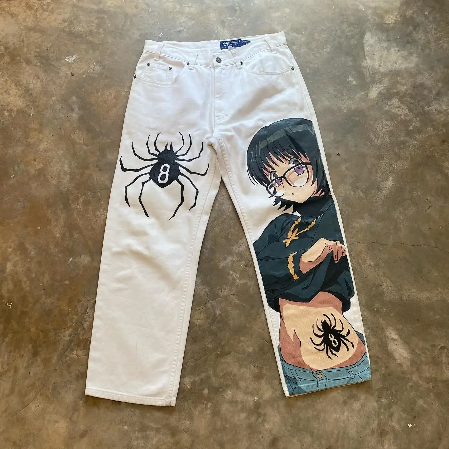 Celana Jeans longgar gambar Anime Hip Hop, celana Denim Harajuku hitam motif laba-laba, celana panjang lebar pinggang tinggi untuk pria wanita