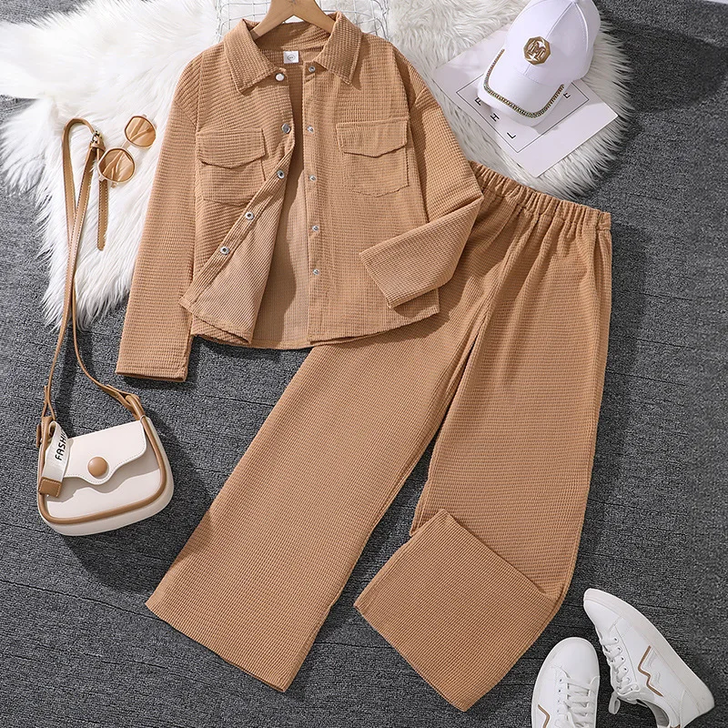 2024 Clothing Set Girls Long Sleeve Turn-down Collar T-shirt Brown Khaki Pants 2 Pcs Sets Casual Girls Clothes Set 8-12T