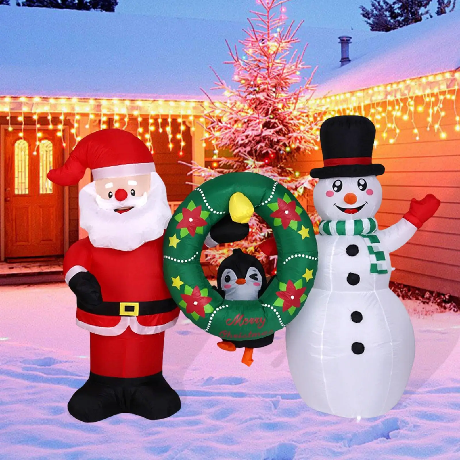 Christmas Inflatables Decoration,Outdoor,Light up,Xmas Decoration Santa Penguins Snowman with Wreath for Yard Holiday Lawn view 3