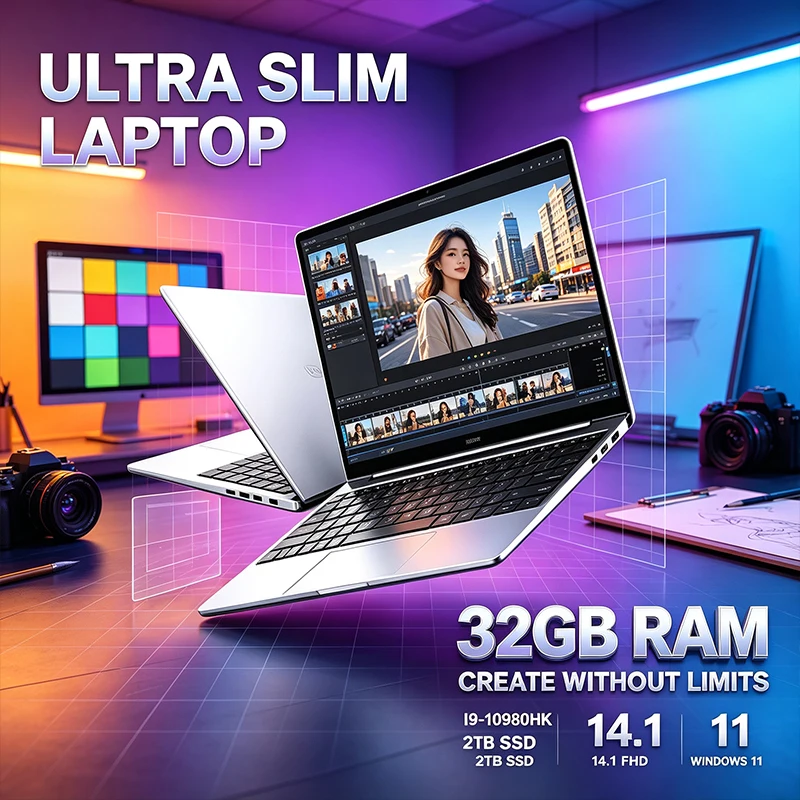 Notebook ultrafino de 14,1" com tela IPS FHD de 120Hz, Intel Core i9-10980HK, 32GB de RAM, SSD de 2TB, teclado retroiluminado, Windows 11 e bateria de longa duração.