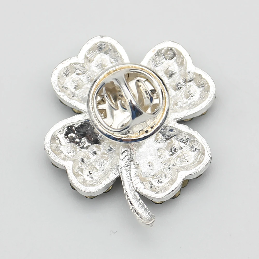 20pcs/lot Small Silver Plated Emerald Rhinestone Four-Leaf Clover Lapel Pin Brooch for Women Good Luck  Crystal Brooches