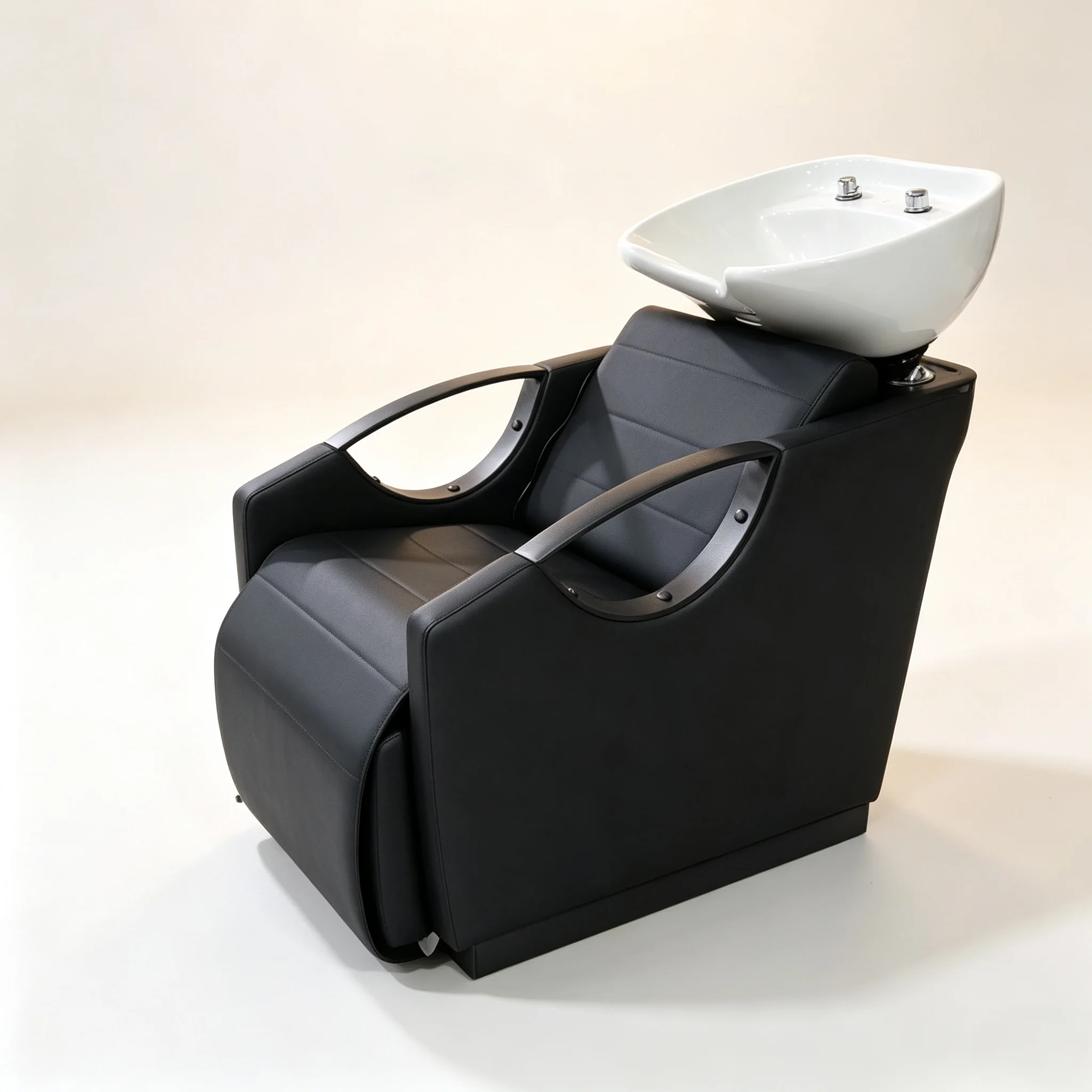 Modern Black PU Leather Electric Massage Shampoo Chair With Ceramic Basin And Adjustable Footrest For Hair Salon