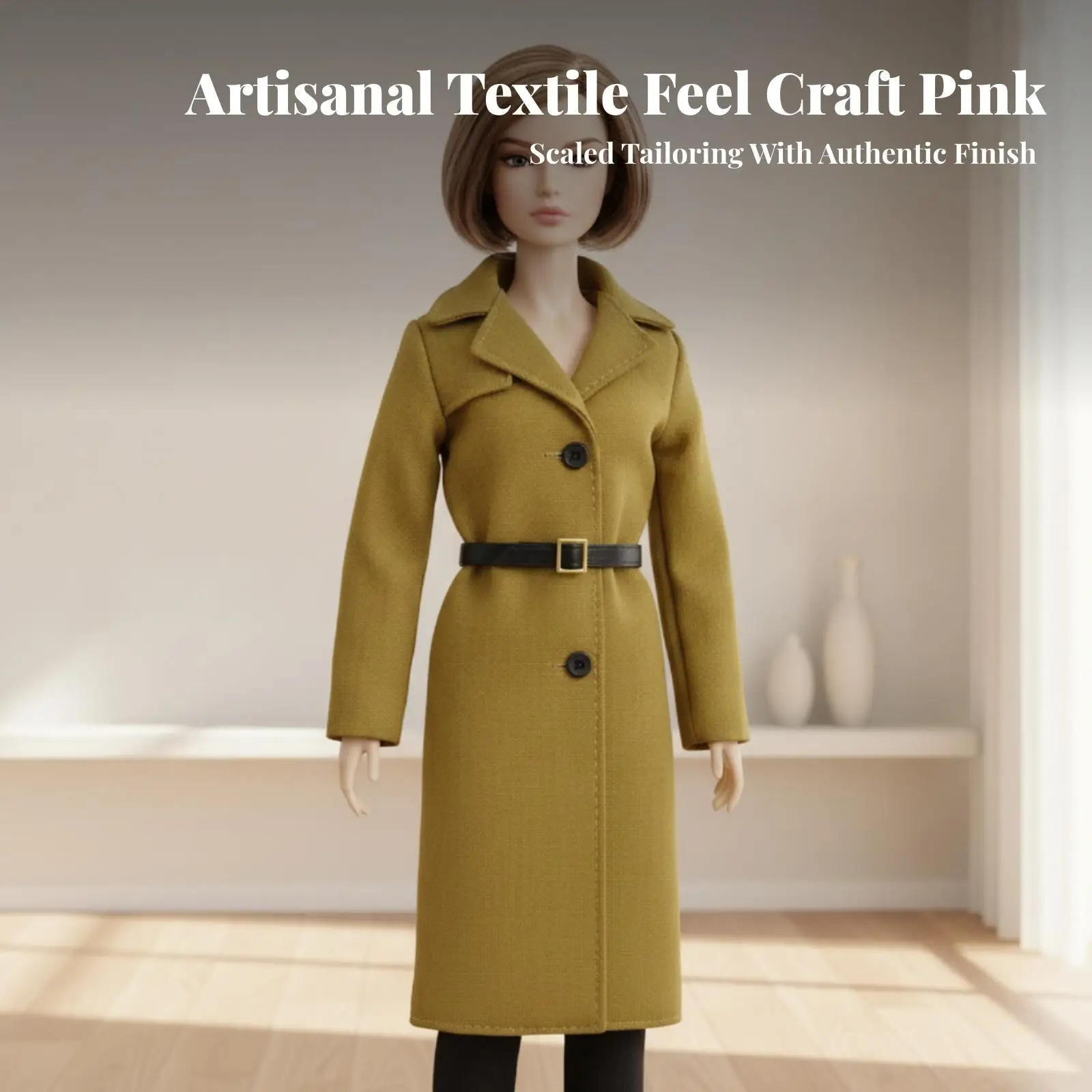Sophisticated Doll Coat with Buckle Waist Belt for Photography Miniature Fashion Display Pieces