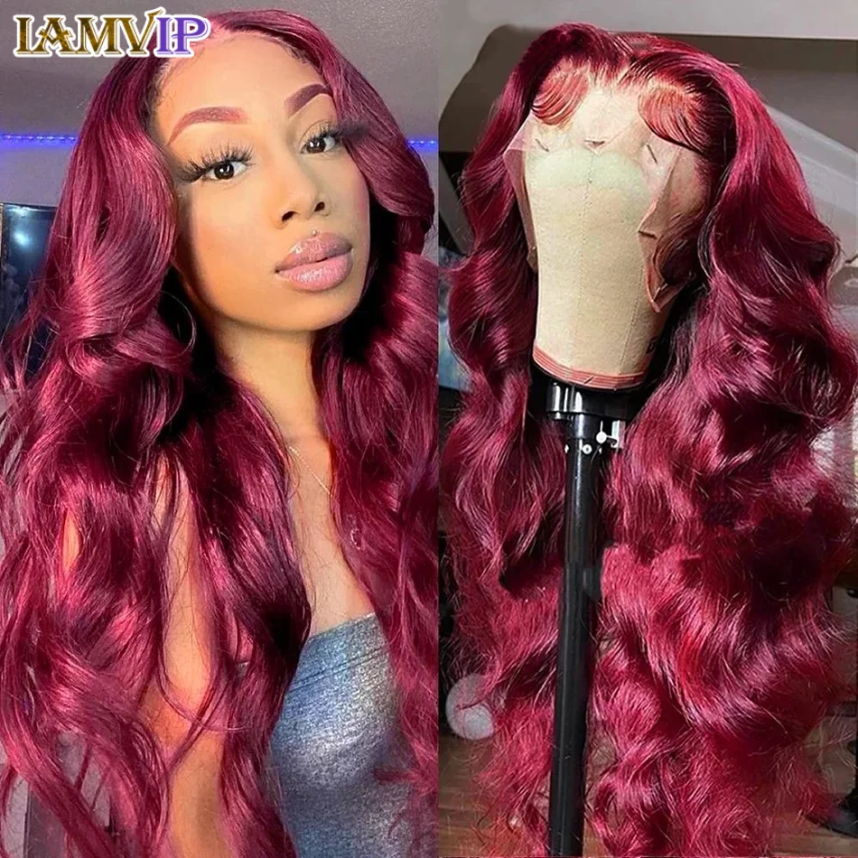 

220% 30 32 40Inch 99J Burgundy 13x4 HD Transparent Lace Frontal Wig Body Wave Red Colored Human Hair Wigs 13x6 Hd Lace Front Wig