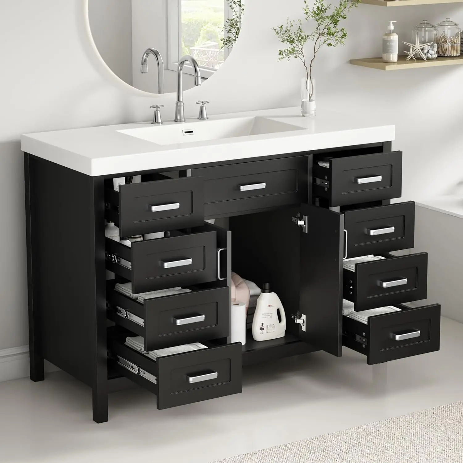 

48in Modern Bathroom Vanity Sink Cabinet 8 Drawers Soft Close Doors Freestanding Storage Black Customized