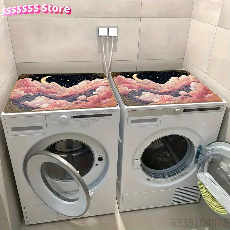 A One-Piece Printed Laundry Machine Mat with a Golden Mountain And Design, Featuring an Absorbent Surface, Suitable for Use As a