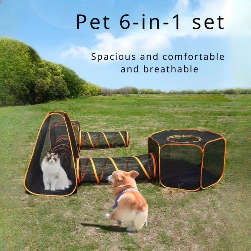 Pet 6-in-1 Cat outdoor Tunnel Tent Set house with tunnel tent for indoor and outdoor Dog And Cats portable pet enclosure