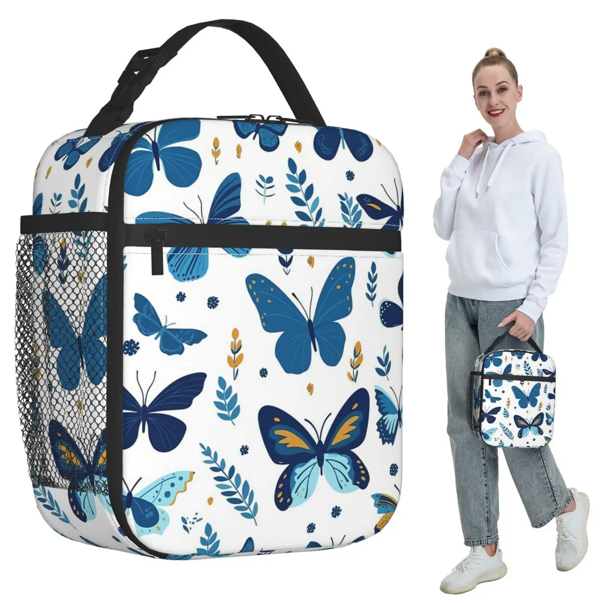 Blue Butterfly Pattern Insulated Lunch Bag for Women Office Cooler Thermal Food Box Tote Portable Lunch Boxes Container