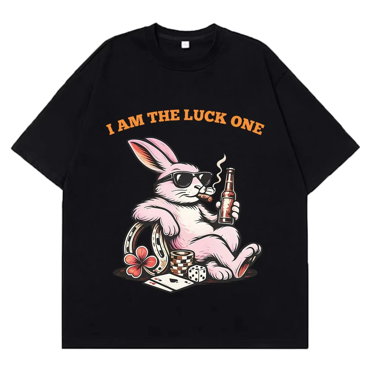 Good Lucky Funny Rabbit Meme T-shirt Men Women Aesthetic Trend T-shirt Summer Loose Comfort Clothing Cotton Harajuku T-shirts