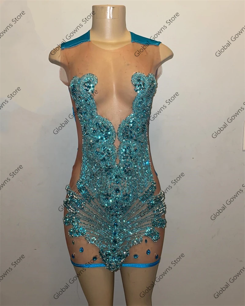 Luxury Blue Sparkly Beaded Short Prom Dresses Black Girls Crystal Birthday Party Mermaid Rhinestone Mini Cocktail Robe De Bal