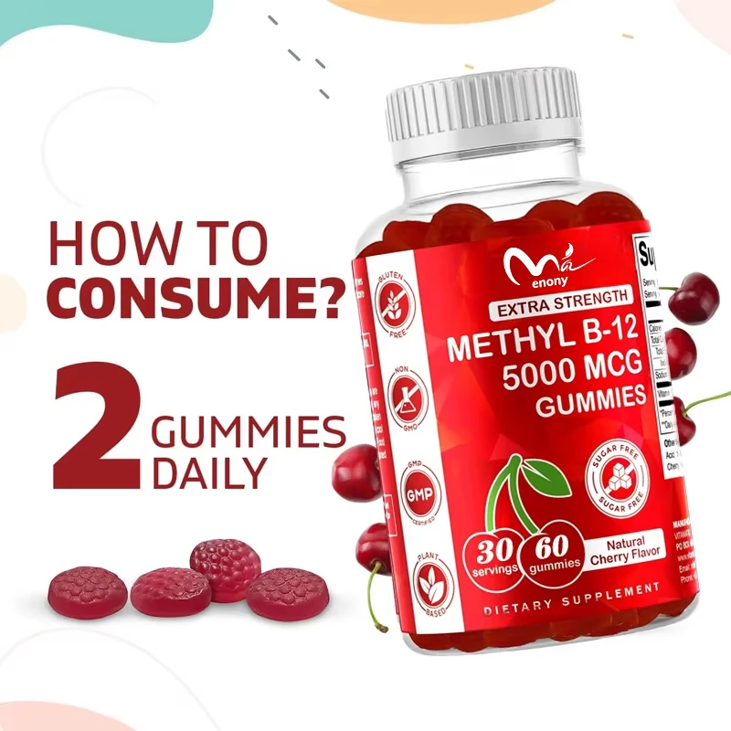 

Vitamin B12 5000 micrograms gummies 60 capsules - Energy metabolism support and health support, natural cherry flavor
